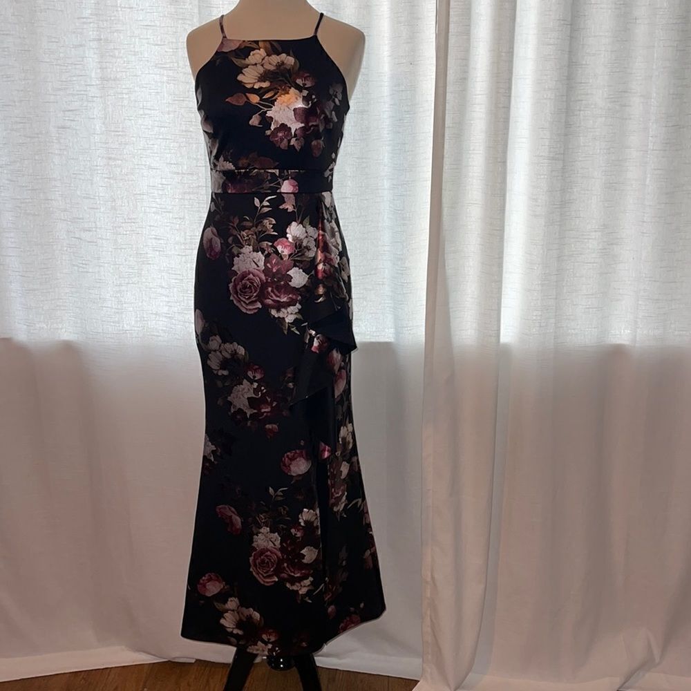 SWEET STORM asymmetrical ruffle BODYCON LONG DRESS FLORAL size SMALL